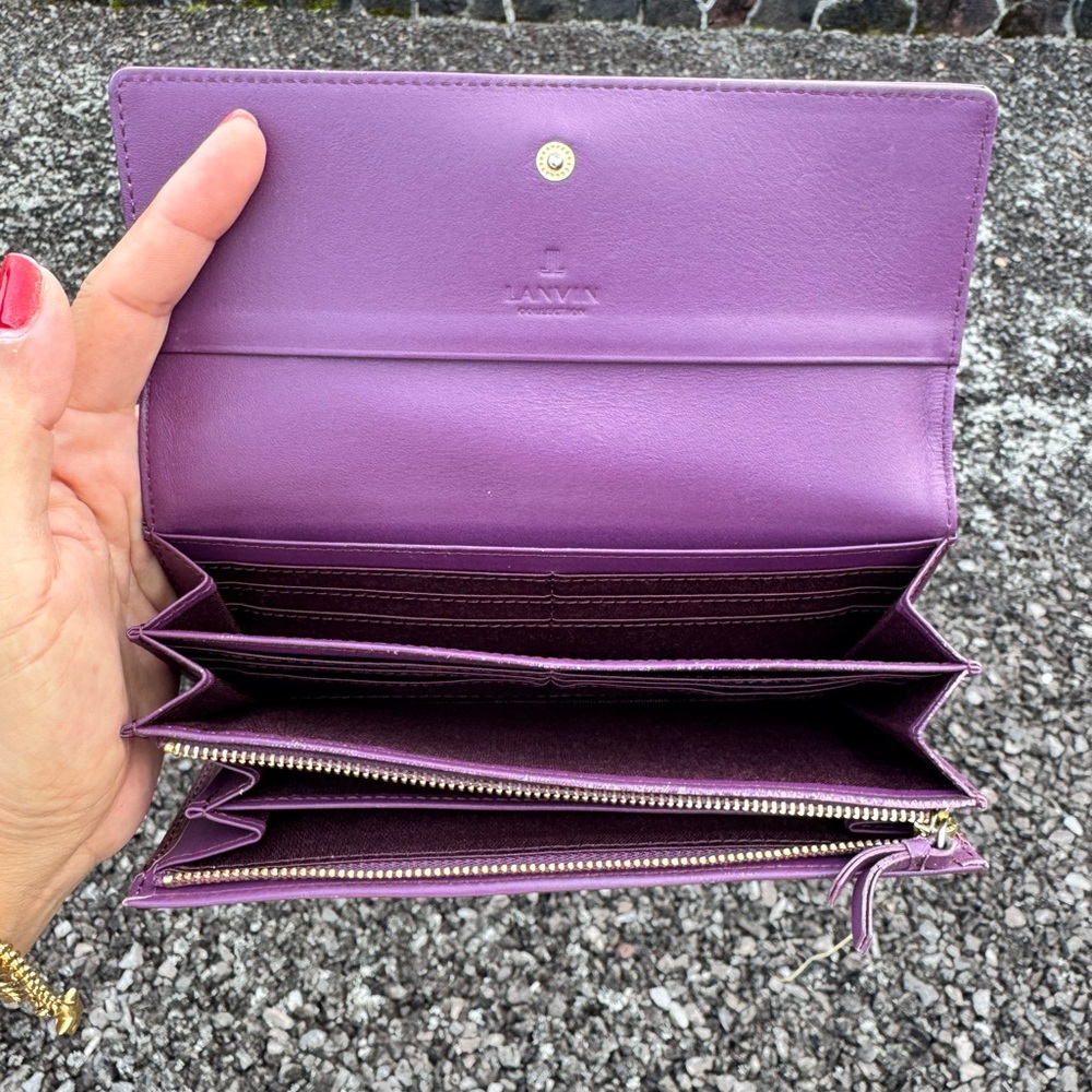 Lanvin Collection Patent Leather Long Wallet Purple Bow Zip Coin Purse - Picture 7 of 10